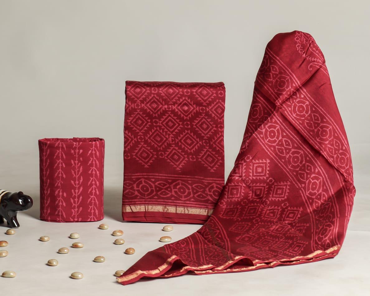 ELEGANT HAND BLOCK CHANDERI SILK SUIT SET WITH CHANDERI DUPATTA (CHDYS197)