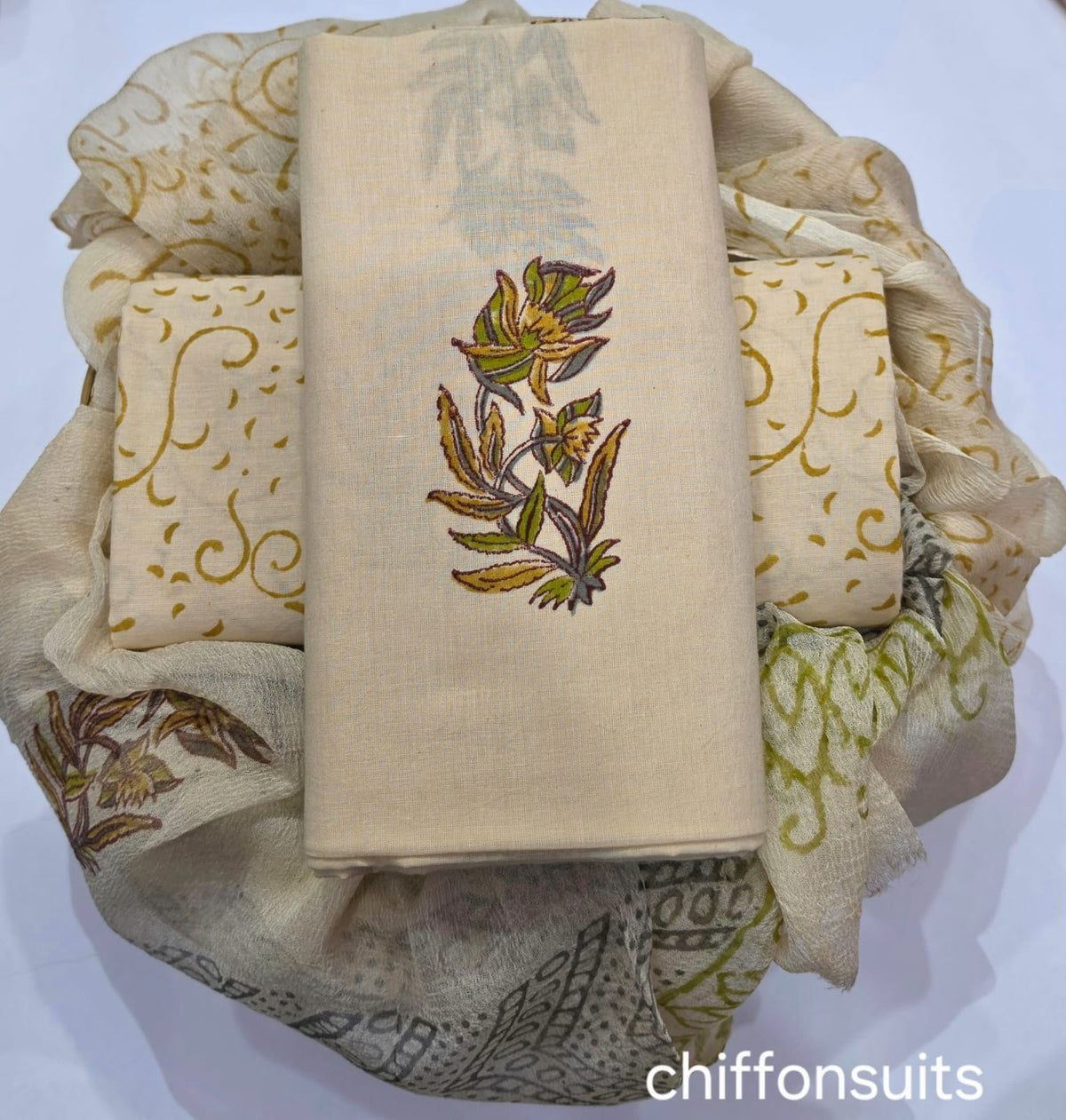 ELEGANT HAND BLOCK PRINT PURE COTTON SUIT WITH CHIFFION DUPTTA (PCHFYS112)