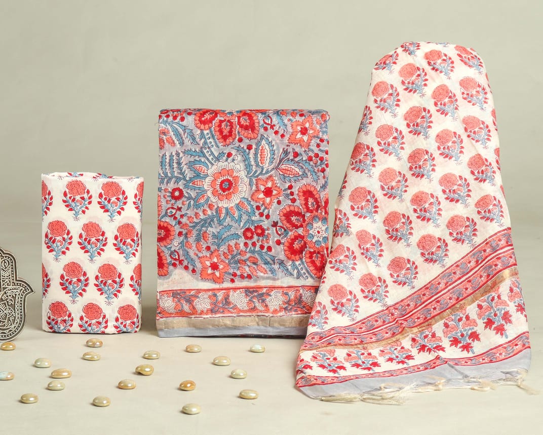 DESIGNER HAND BLOCK PRINT CHANDERI SILK SUIT SET WITH PREMIUM CHANDERI DUPATTA (CHDYS287)