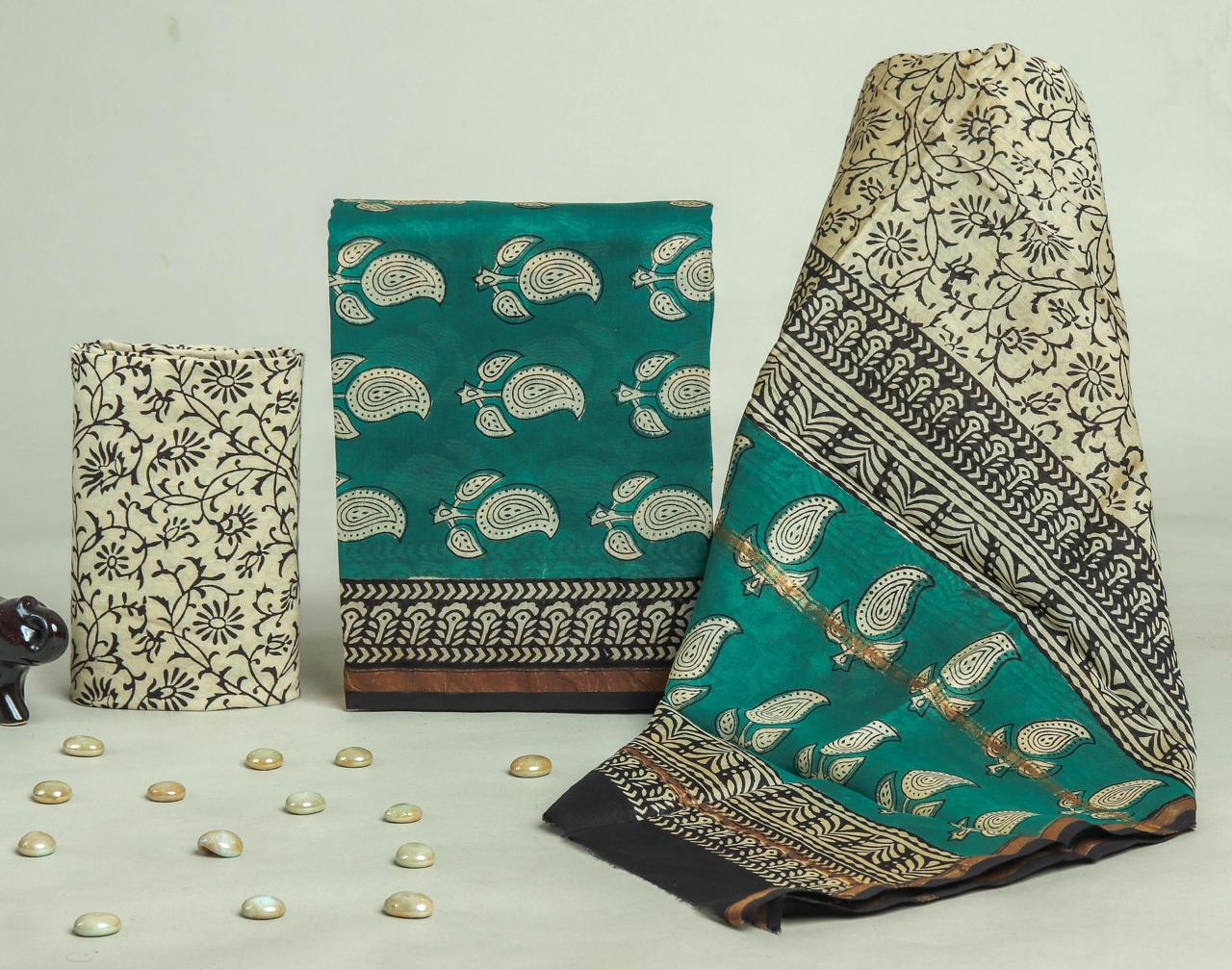 DESIGNER HAND BLOCK PRINT CHANDERI SILK SUIT SET WITH PREMIUM CHANDERI DUPATTA (CHDYS69)