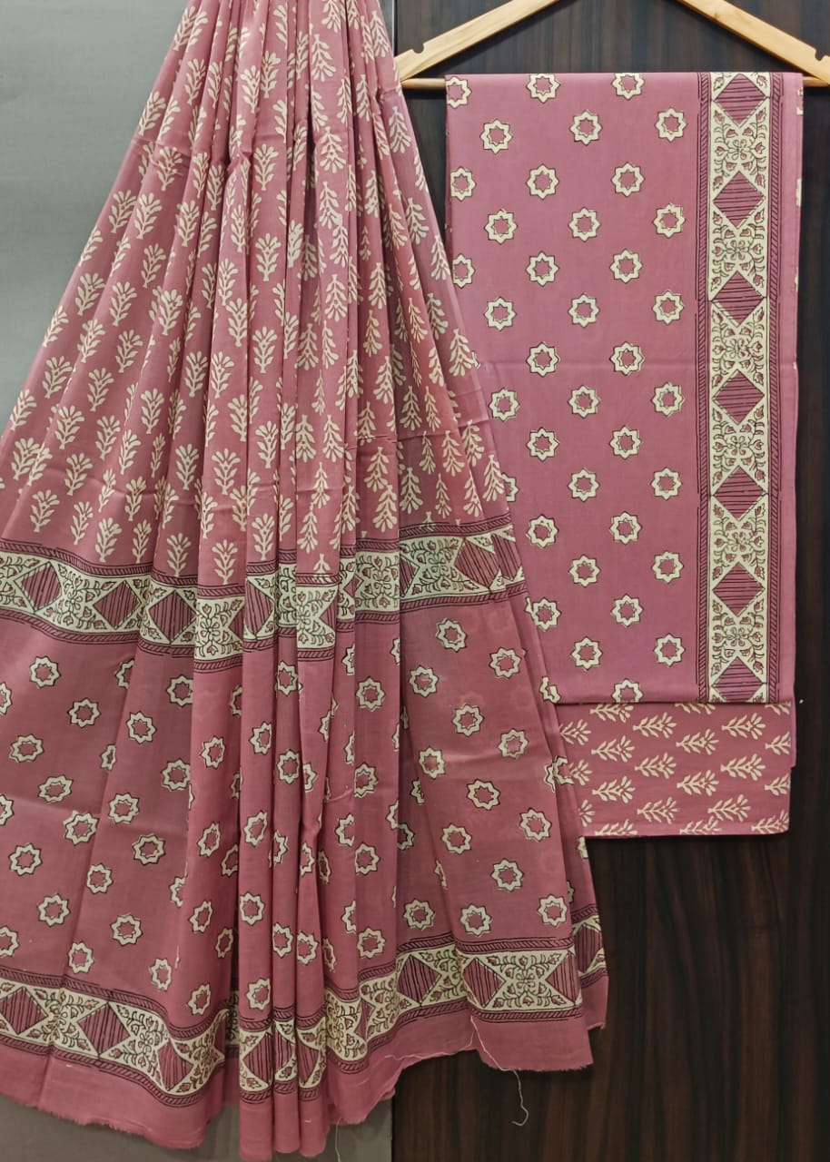 TRADITIONAL HAND BLOCK PRINT PURE COTTON SUIT WITH COTTON MULMUL DUPATTA(MALYS156)
