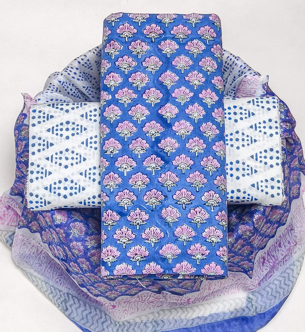 YUVI STYLE HAND BLOCK PRINT PURE COTTON SUIT WITH CHIFFION DUPTTA (PCHFYS132)