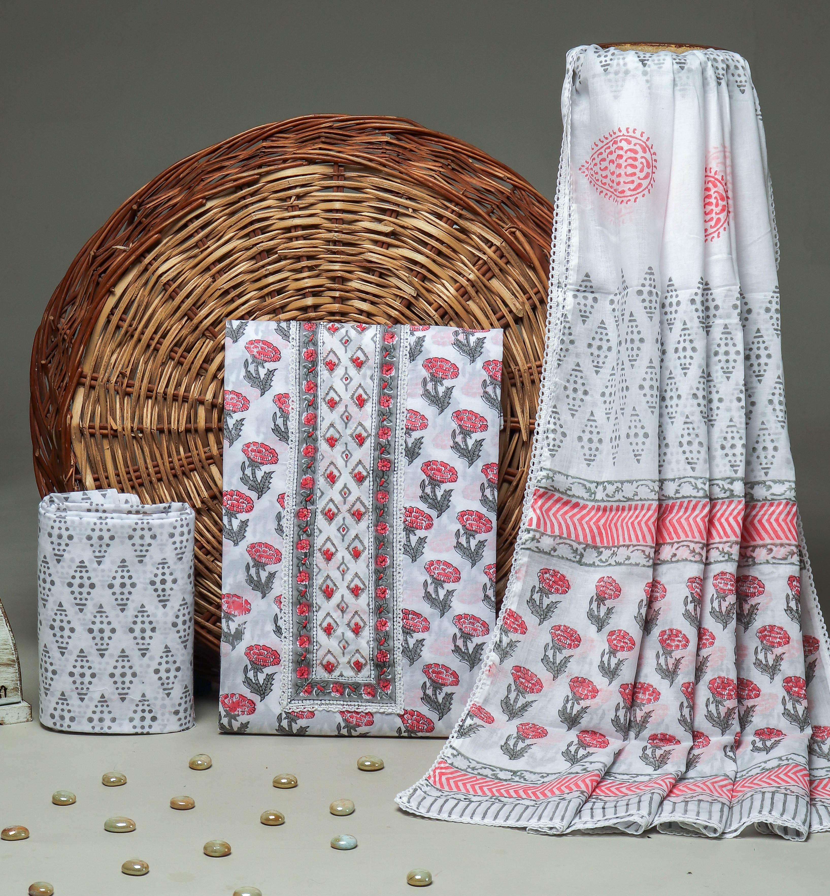 JAIPURI PRINTED COTTON SUITS WITH  NECK WORK (GOTAYS143)