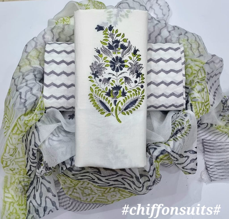 TRADITIONAL HAND BLOCK PRINT PURE COTTON SUIT WITH CHIFFION DUPTTA (PCHFYS150)