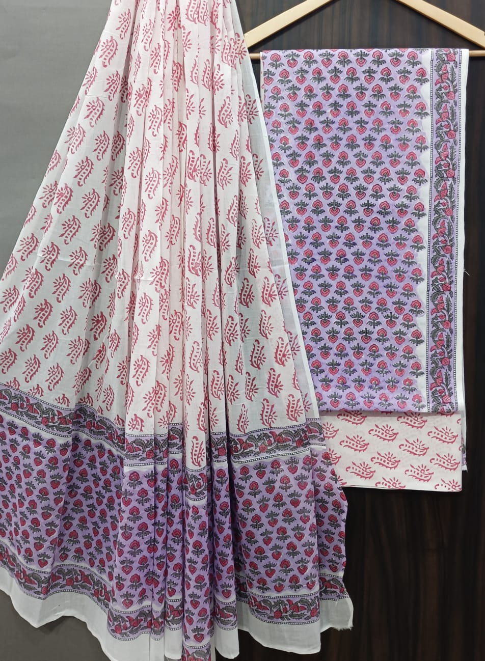 ELEGANT AND BLOCK PRINT PURE COTTON SUIT WITH COTTON MULMUL DUPATTA(MALYS182)