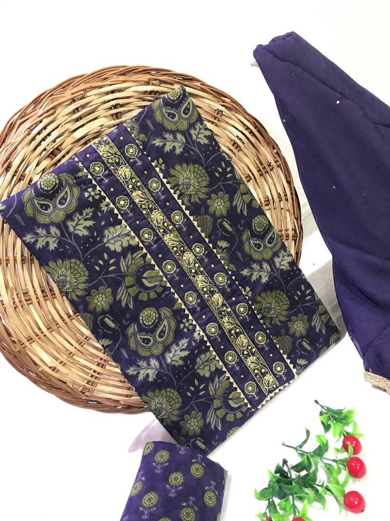 SANGANERI PRINT COTTON SUIT MATERIAL WITH CHIFFION DUPATTA  NECK WORK (GOTAYS144)