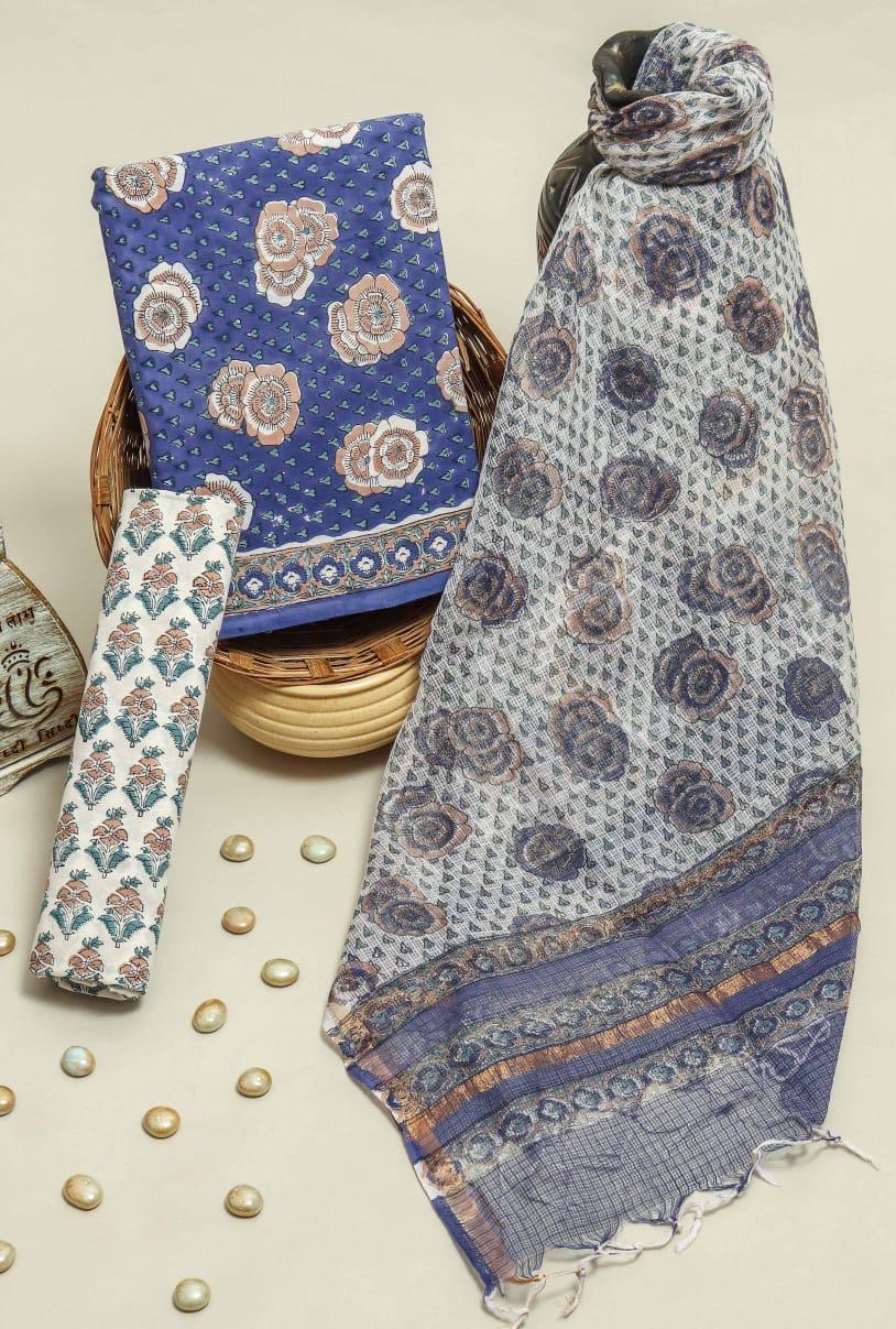 DESIGNER HAND BLOCK PRINT PURE COTTON SUIT MATERIAL WITH KOTA DORIA DUPATTA (3CKDYS26)