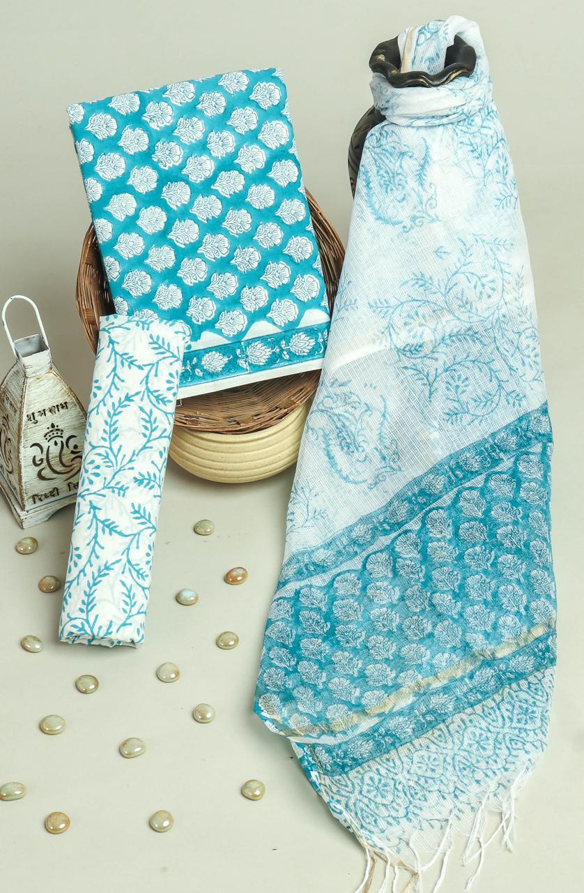 YUVI STYLE  HAND BLOCK PRINT PURE COTTON SUIT WITH DORIA DUPATTA(3CKDYS173)