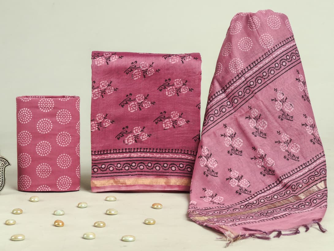 TRADITIONAL HAND BLOCK PRINT CHANDERI SILK SUIT SET WITH CHANDERI DUPATTA (CHDYS98)