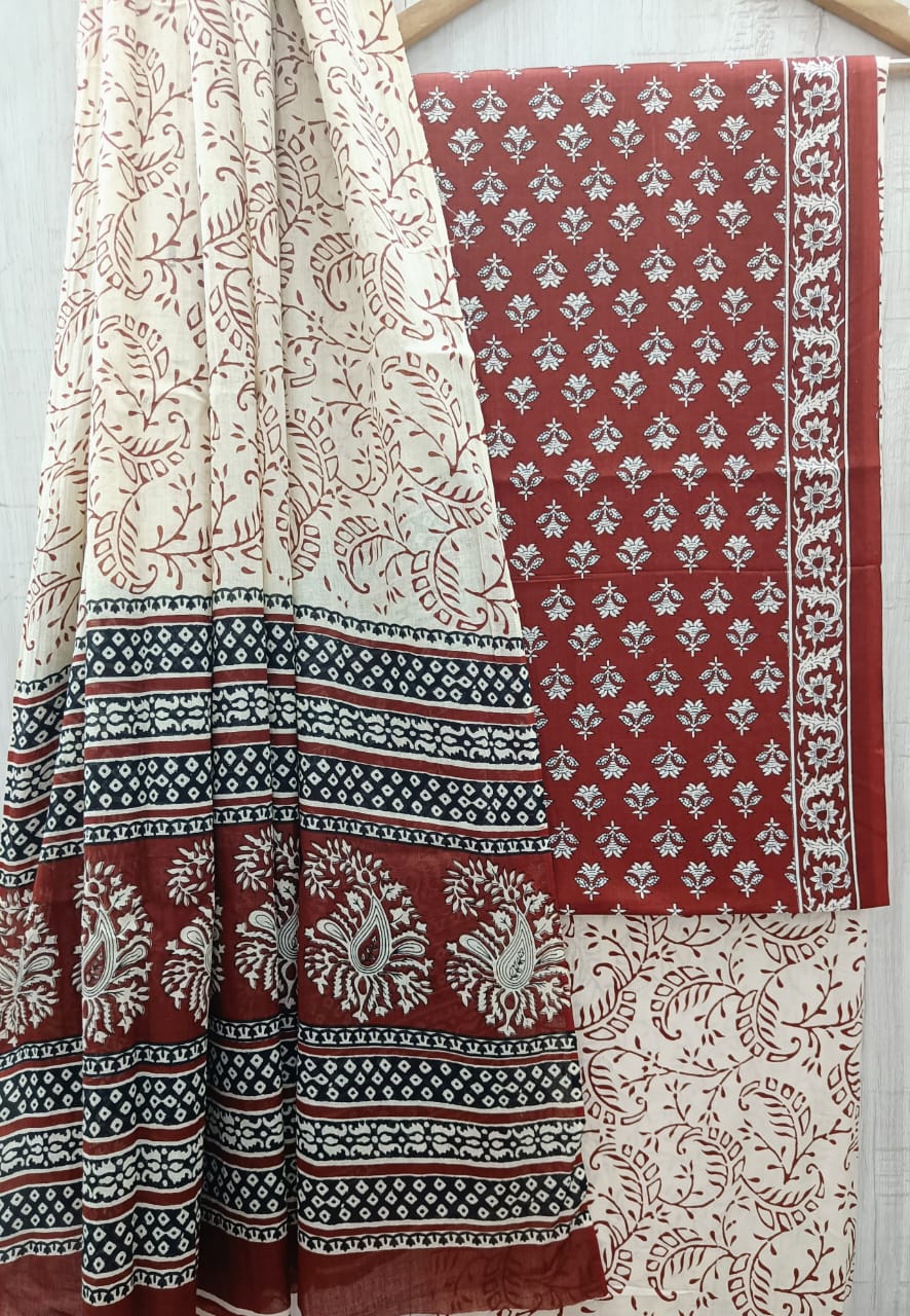 DESIGNER HAND BLOCK PRINT PURE COTTON SUIT WITH COTTON MULMUL DUPATTA (MALYS74)
