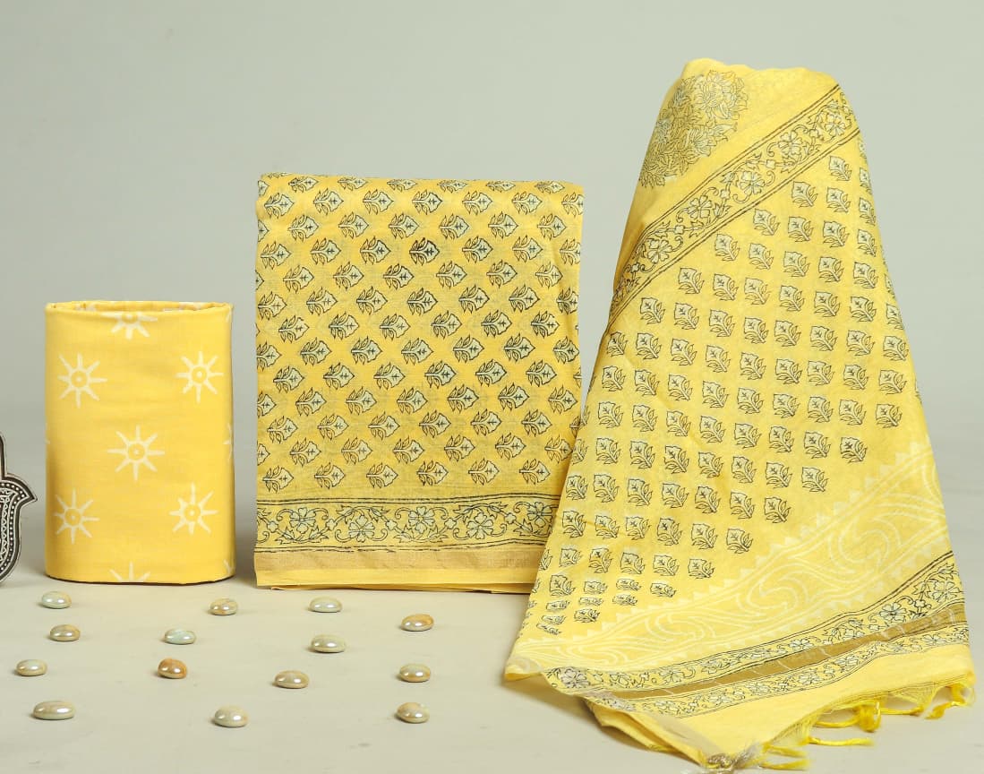 EXCLUSIVE  HAND BLOCK CHANDERI SILK SUIT SET WITH CHANDERI DUPATTA (CHDYS146)