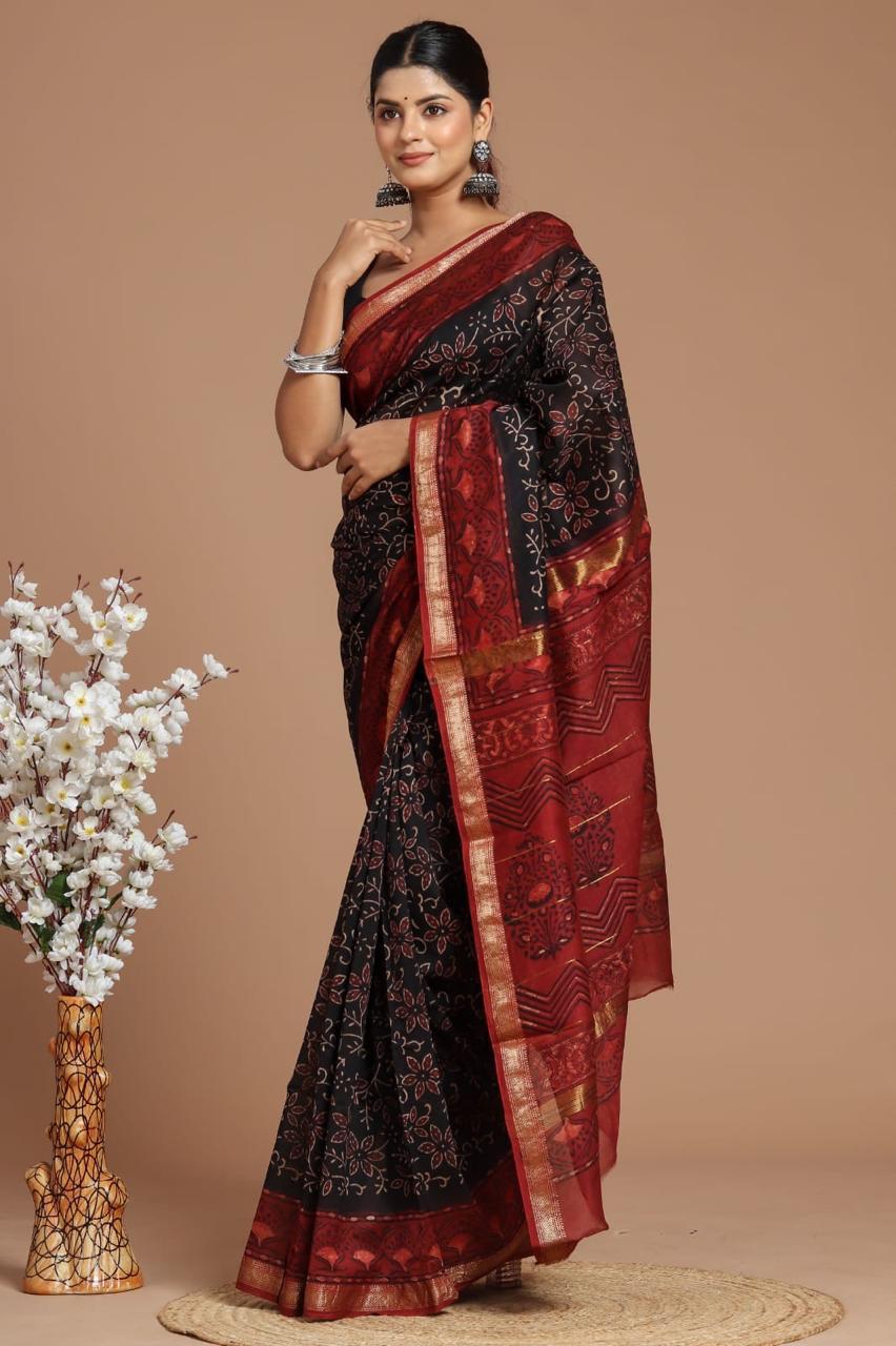 DESIGNER HAND BLOCK AJRAK PRINTED MAHESWARI SILK SAREE ( MSYS09)