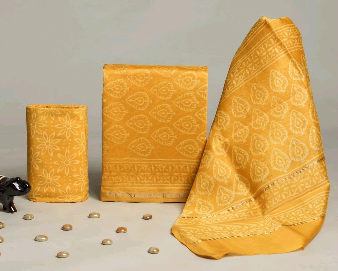 TRADITIONAL HAND BLOCK CHANDERI SILK SUIT SET WITH CHANDERI DUPPTTA (CHDYS175)