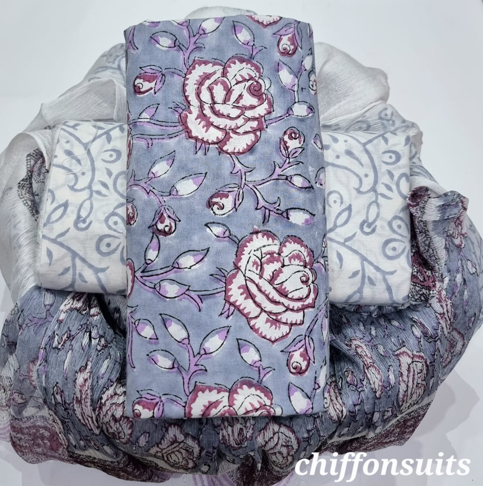 ELEGANT HAND BLOCK PRINT PURE COTTON SUIT WITH CHIFFION DUPTTA (PCHFYS131)