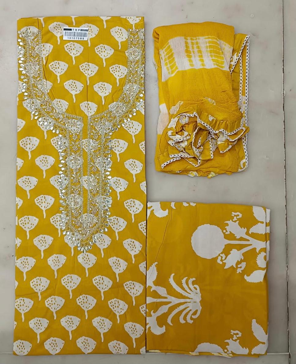 SANGANERI PRINT COTTON SUIT MATERIAL WITH CHIFFION  DUPATTA GOTTA NECK WORK (GOTAYS121)