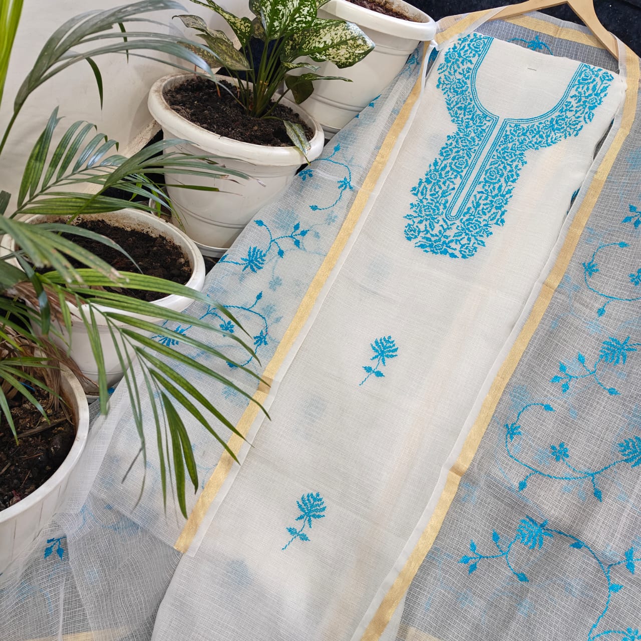 Beautiful Kota Doria Suit In White Colour With Blue Embroidery Work (FKDYS68)