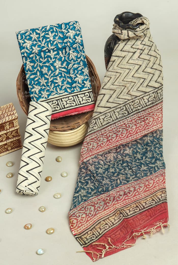 HAND BLOCK PRINT PURE COTTON SUIT WITH DORIA DUPATTA(3CKDYS167)