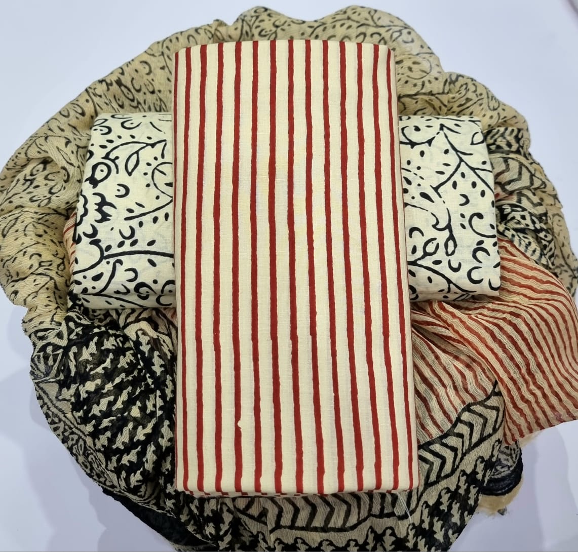 Yuvi Style HAND BLOCK PRINT PURE COTTON SUIT WITH CHIFFION DUPTTA (PCHFYS168)