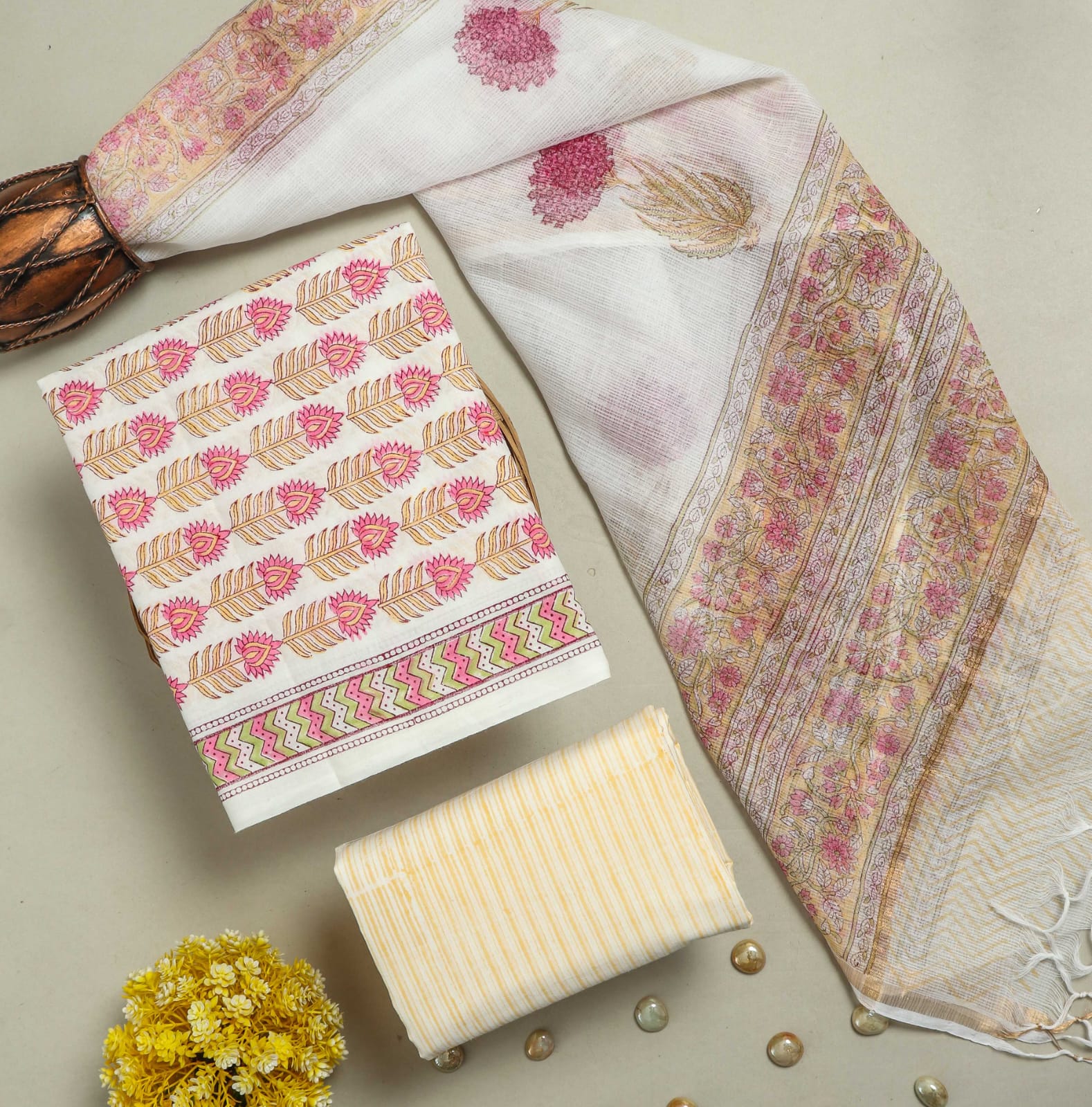 DESIGNER HAND BLOCK PRINT PURE COTTON SUIT MATERIAL WITH KOTA DORIA DUPATTA (3CKDYS47)