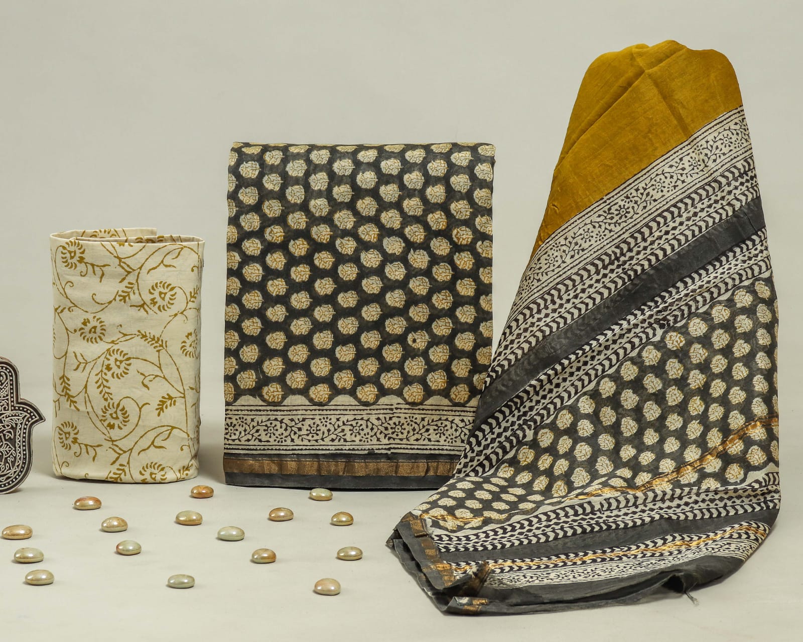 EXCLUSIVE  HAND BLOCK CHANDERI SILK SUIT SET WITH CHANDERI DUPATTA (CHDYS146)
