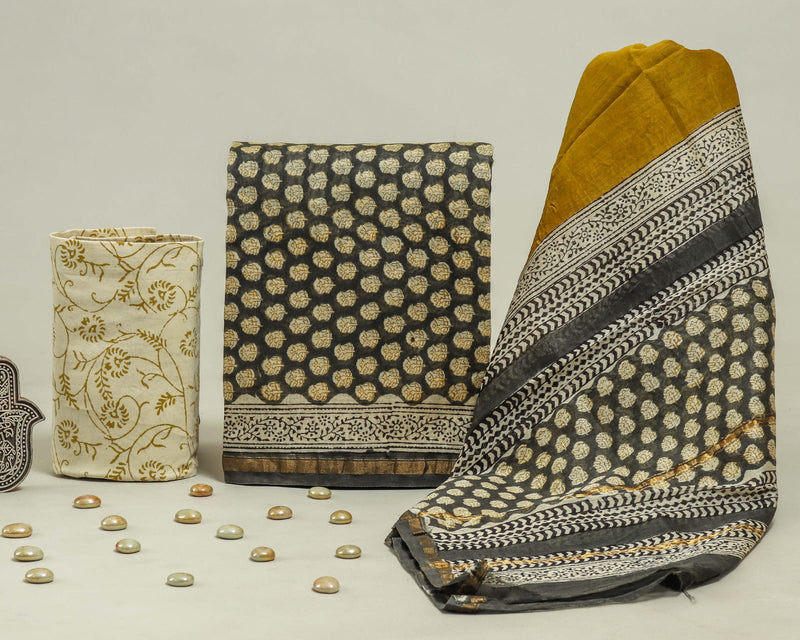 EXCLUSIVE  HAND BLOCK CHANDERI SILK SUIT SET WITH CHANDERI DUPATTA (CHDYS146)