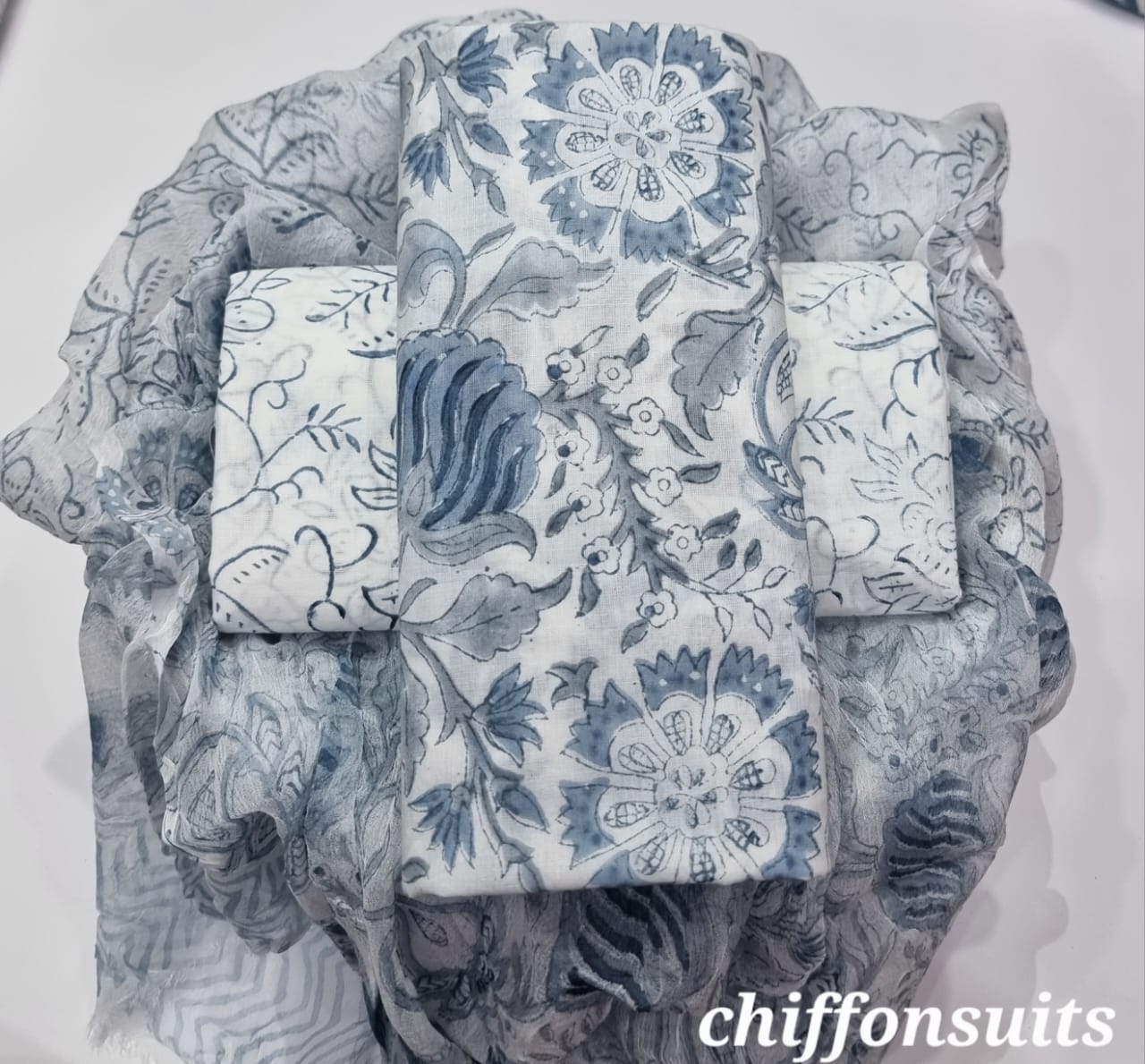 TRADITIONAL HAND BLOCK PRINT PURE COTTON SUIT WITH CHIFFION DUPTTA (PCHFYS118)
