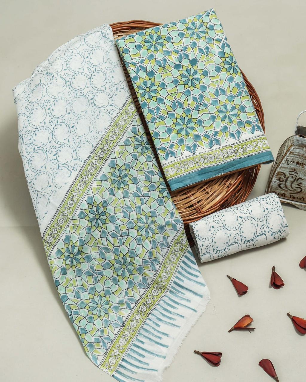 ELEGAT HAND BLOCK PRINT COTTON SUIT SET WITH MULMUL DUPATTA (MALYS319)