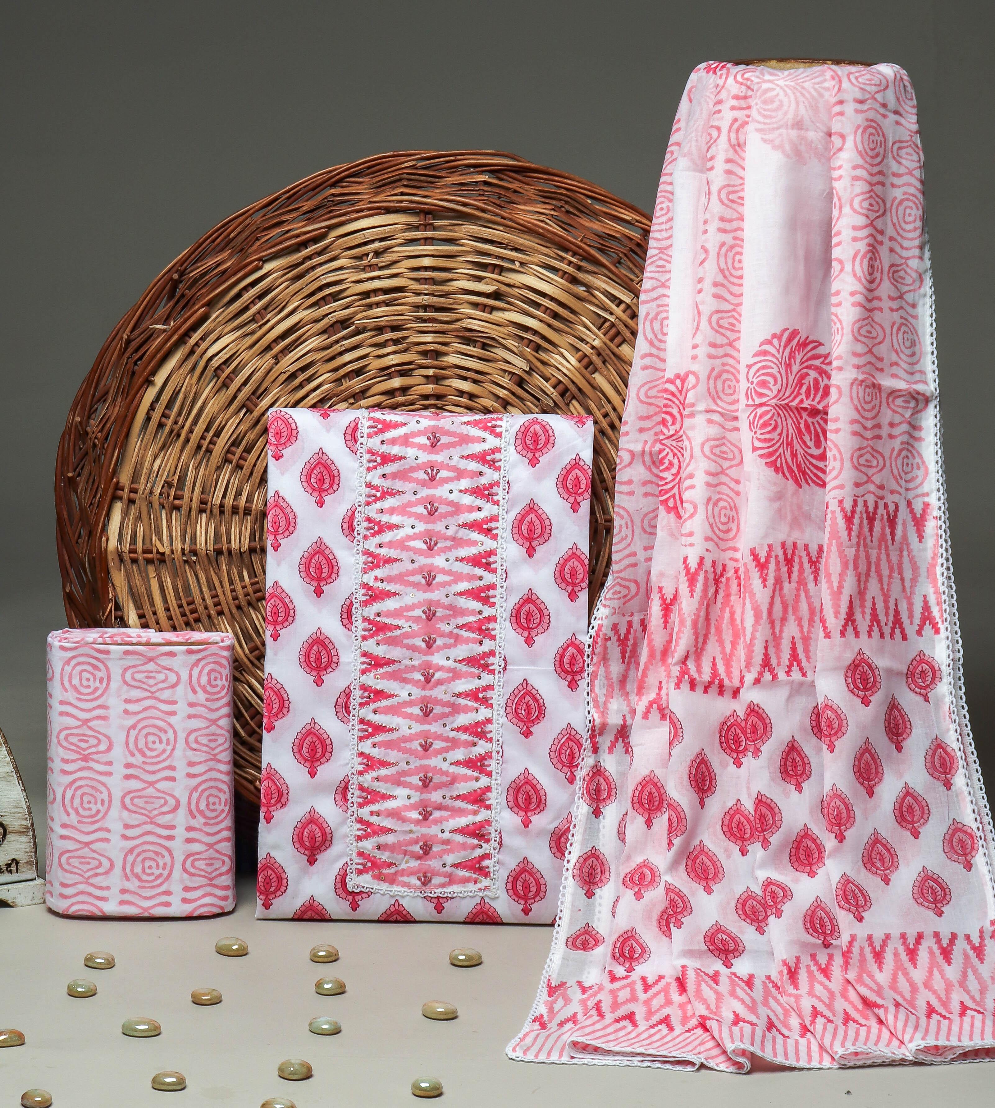 JAIPURI PRINTED COTTON NECK WORK SUITS WITH MULMUL DUPATTA (GOTAYS56)