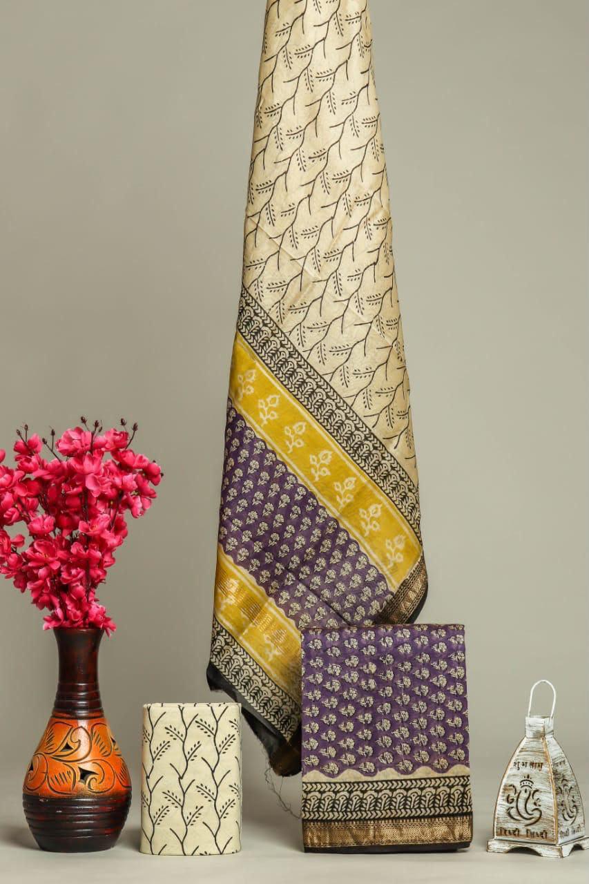 DESIGNER HAND BLOCK PRINT MAHESHWARI SILK SUIT SET (MSLYS173)