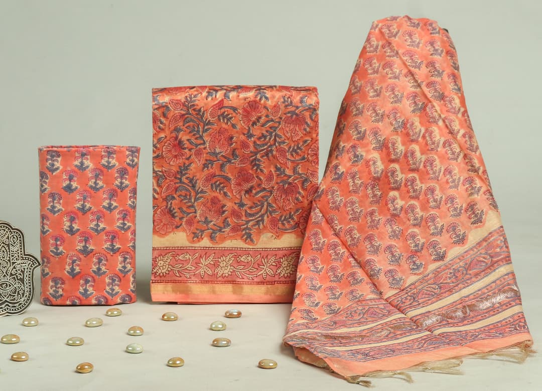 TRADITIONAL HAND BLOCK CHANDERI SILK SUIT SET WITH CHANDERI DUPATTA (CHDY235)