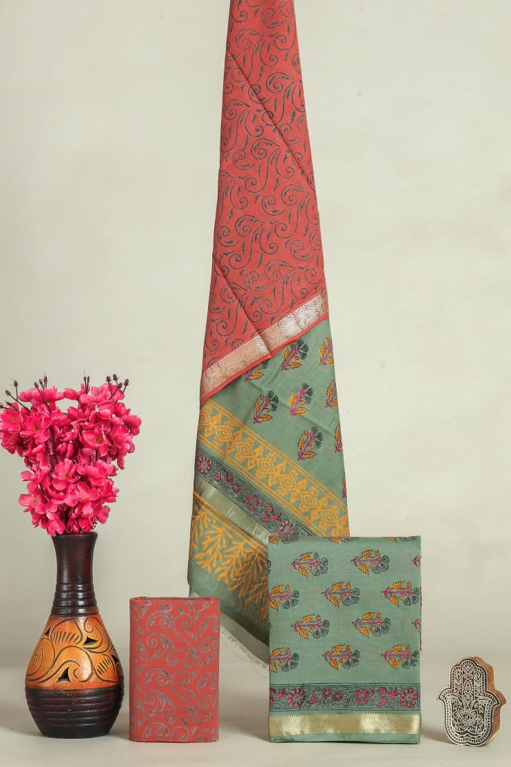 Designer Hand Block Print Maheshwari Silk Suit Set  (MSLYS17)