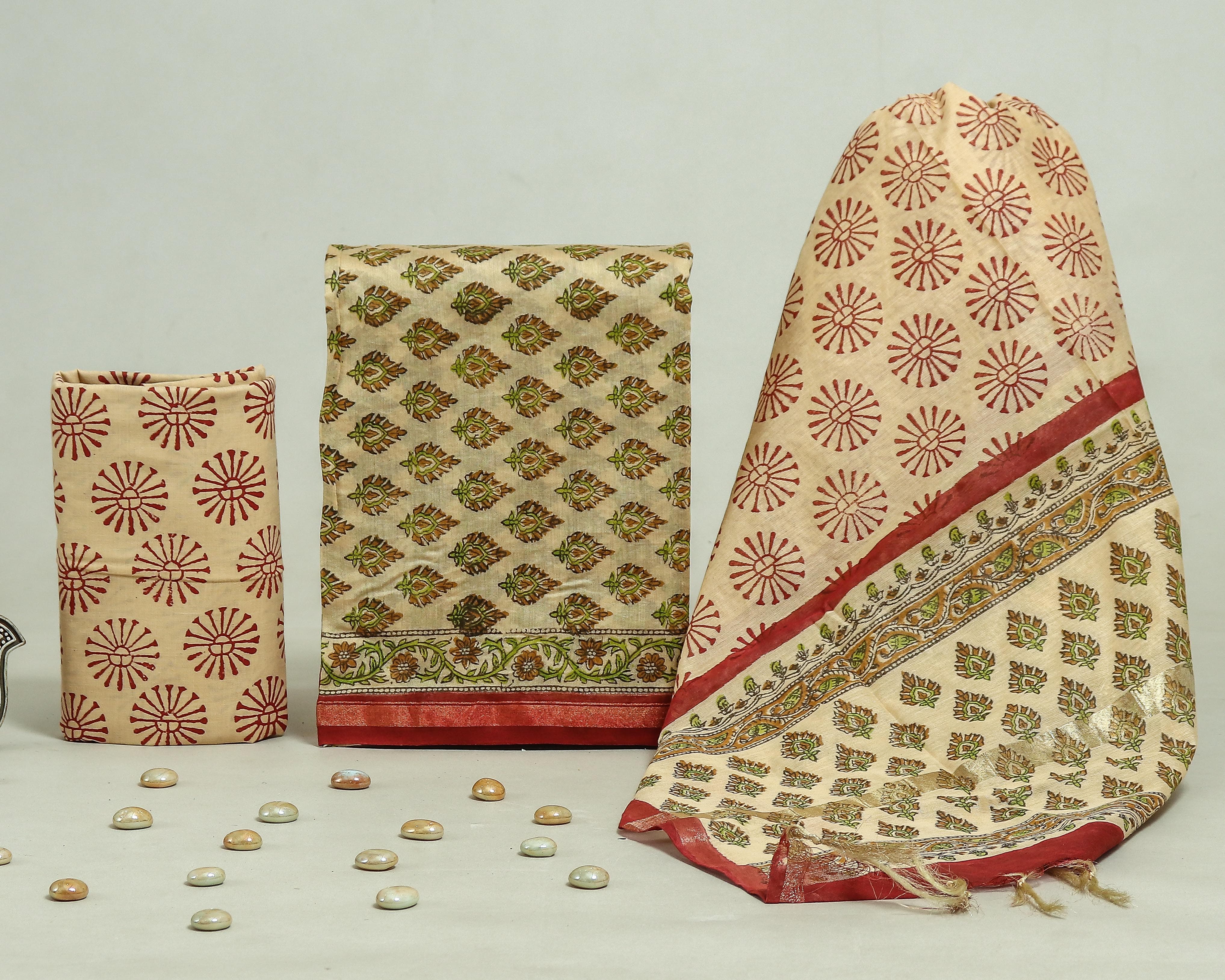 ELEGANT HAND BLOCK CHANDERI SILK SUIT SET WITH CHANDERI DUPATTA (CHDYS257)
