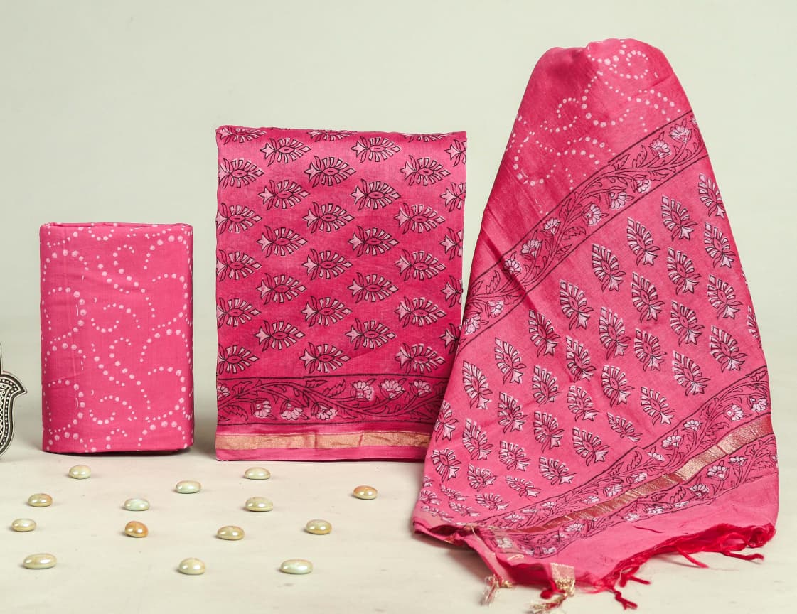 Designer Hand Block Chanderi Silk Suit set with  Chanderi Dupatta (CHDYS153)