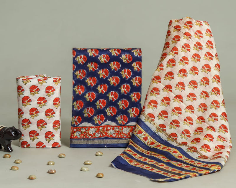 YUVI STYLE HAND BLOCK CHANDERI SILK SUIT SET WITH CHANDERI DUPATTA (CHDYS290)