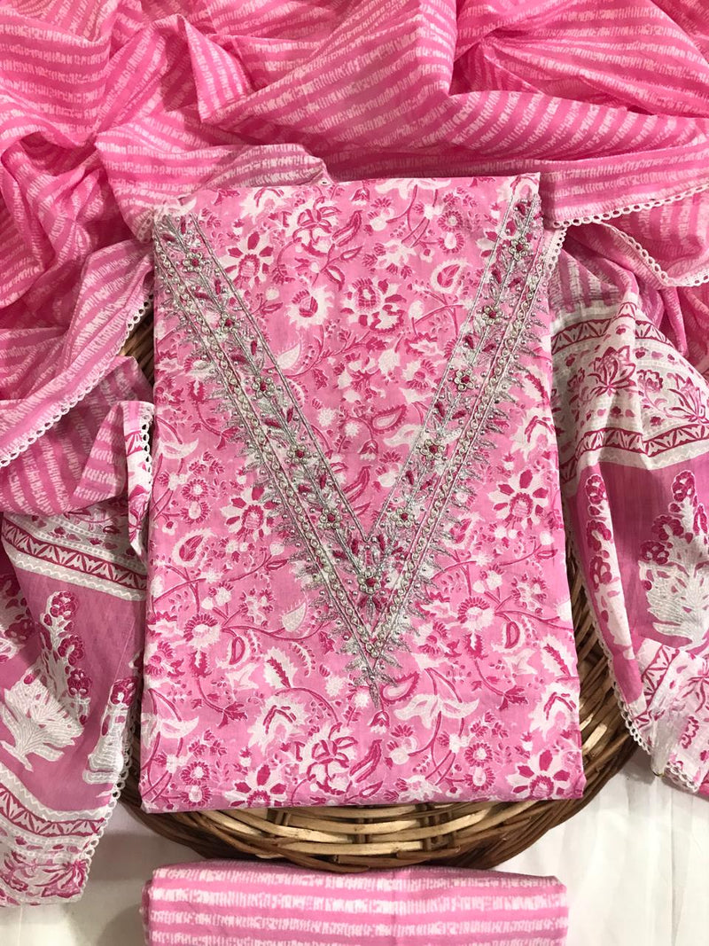 SANGANERI PRINT COTTON SUIT MATERIAL WITH  MULMUL DUPATTA HAND WORK (GOTAYS110)