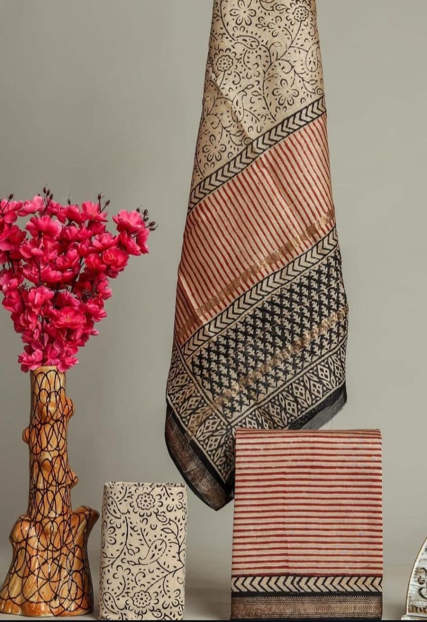 DESIGNER HAND BLOCK PRINT MAHESHWARI SILK SUIT SET (MSLYS84)
