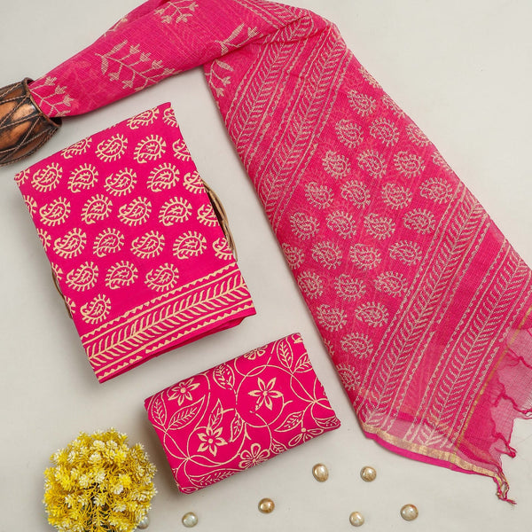 DESIGNER HAND BLOCK PRINT PURE COTTON SUIT MATERIAL WITH KOTA DORIA DUPATTA (3CKDYS71