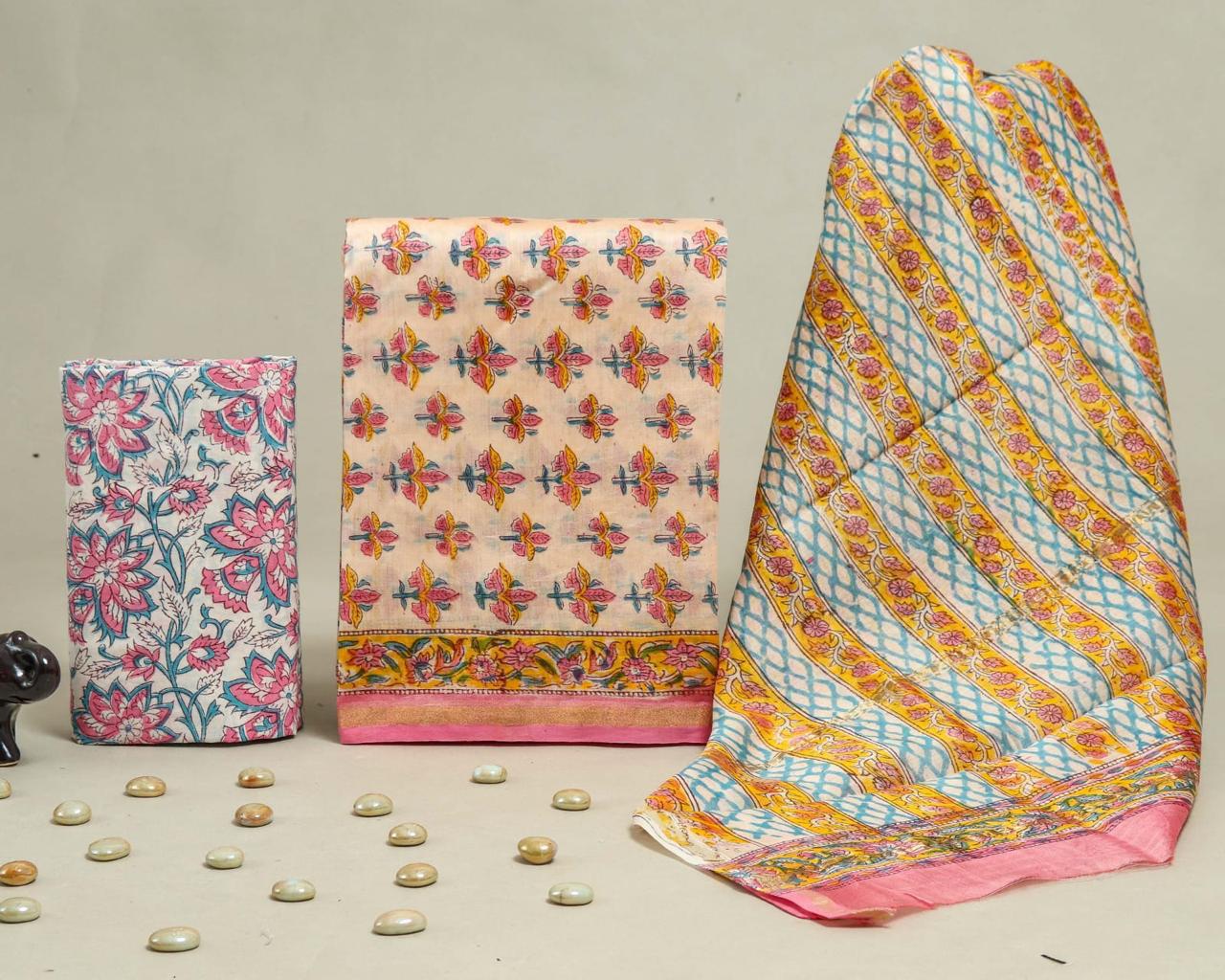 YUVI STYLE HAND BLOCK CHANDERI SILK SUIT SET WITH CHANDERI DUPATTA (CHDYS240)