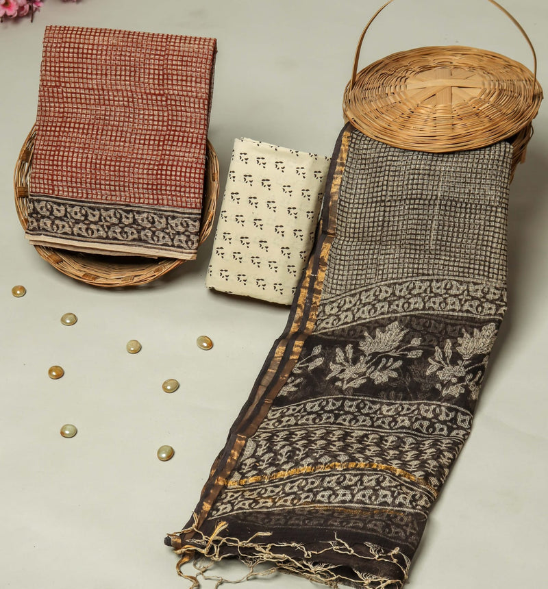 TRADITIONAL BLOCK PRINT PREMIUM KOTA DORIA SUIT SET (FKDYS09)