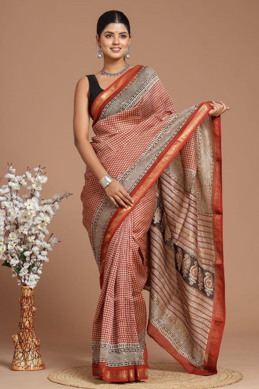 EXCLUSIVE HAND BLOCK PREMIUM  MAHESWARI  SILK SAREE (MSYS38)