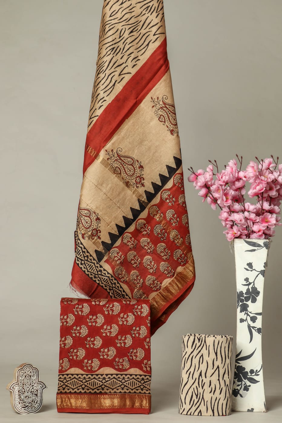 NEW DESIGNER HAND BLOCK PRINT MAHESHWARI SILK SUIT SET (MSLYS32)