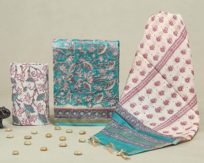 YUVI STYLE HAND BLOCK CHANDERI SILK SUIT SET WITH CHANDERI DUPATTA (CHDYS250)