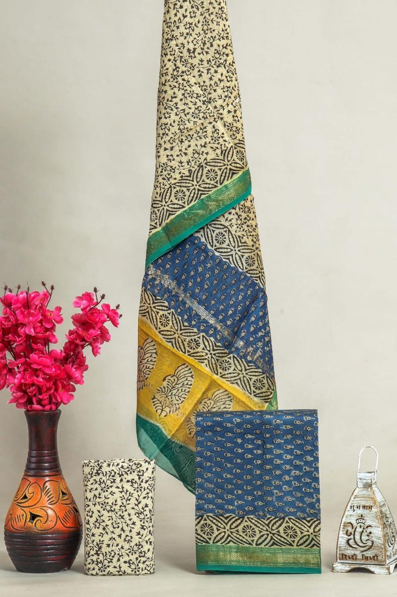 DESIGNER HAND BLOCK PRINT MAHESHWARI SILK SUIT SET (MSLYS46)