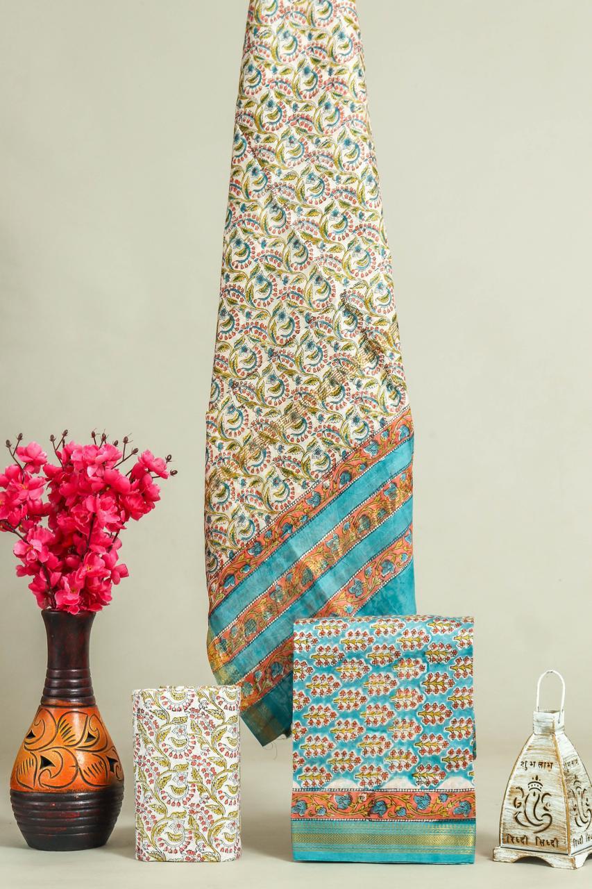 DESIGNER HAND BLOCK PRINT MAHESHWARI SILK SUIT SET (MSLYS63)