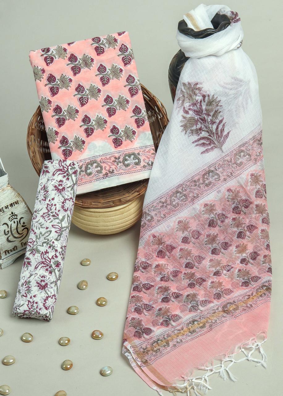 YUVI STYLE HAND BLOCK PURE COTTON SUIT WITH KOTA DORIA DUPATTA (3CKDYS129)