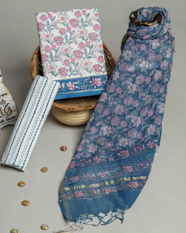 FLORAL HAND BLOCK PRINT PURE COTTON SUIT WITH DORIA DUPATTA(3CKDYS148)