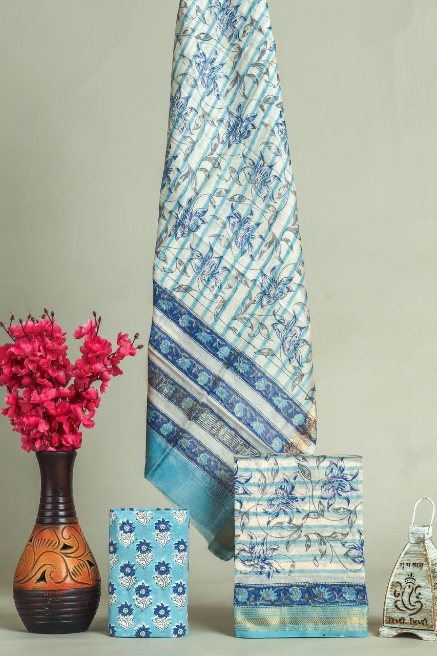 EXCLUSIVE  HAND BLOCK  PRINT MAHESHWARI SILK SUIT WITH MAHESHWARI SILK DUPPTA (MSLYS147)