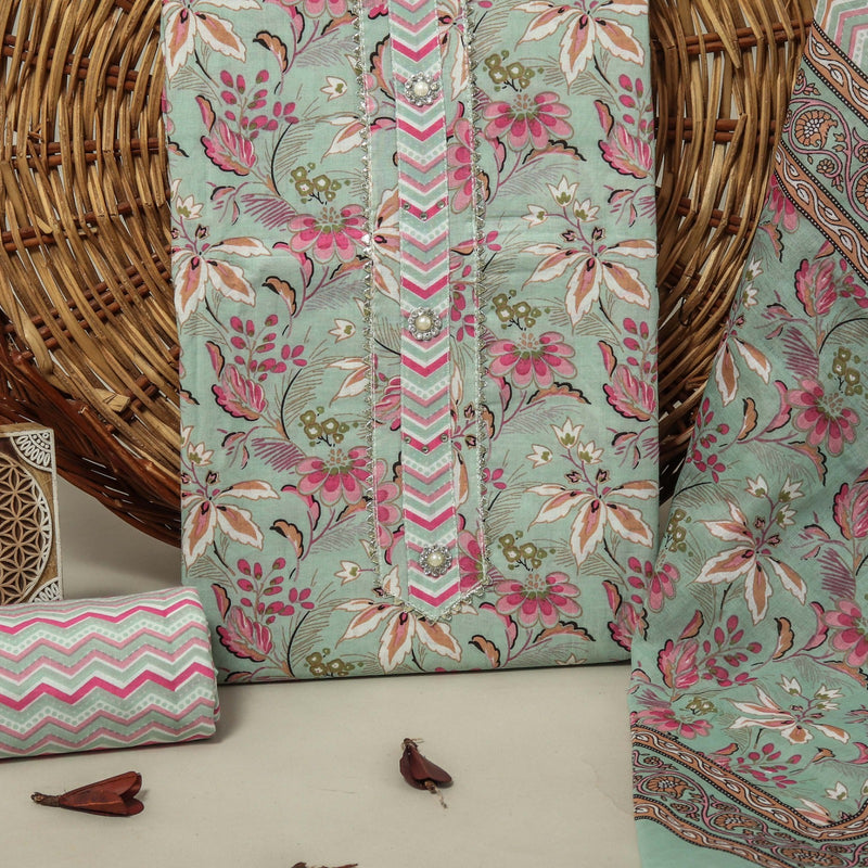 Sanganeri print cotton suit material with cotton dupatta Gotta Tye neck work  (GOTAYS33)