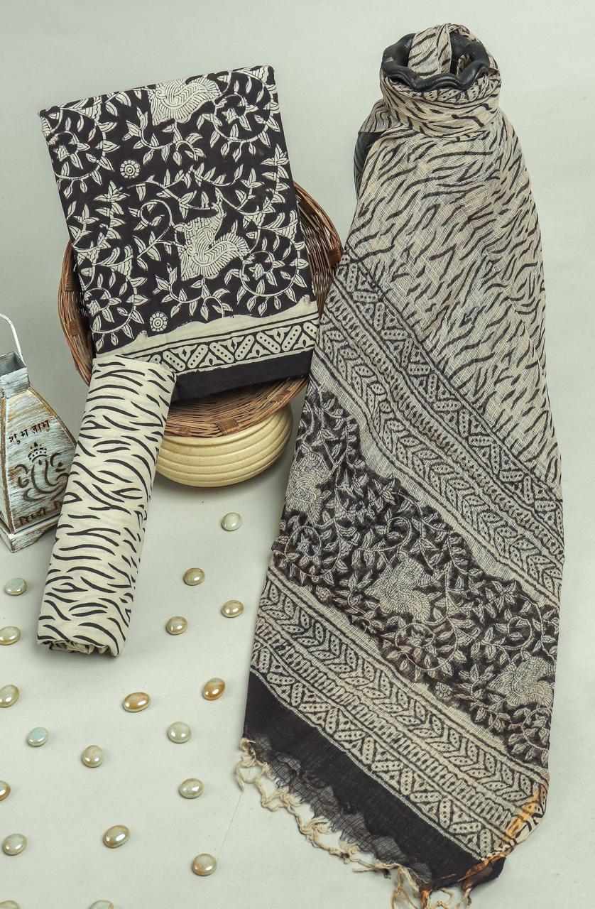 APPEALING HAND BLOCK PRINT COTTON SUIT WITH KOTA DORIA DUPATTA (3CKDYS258)