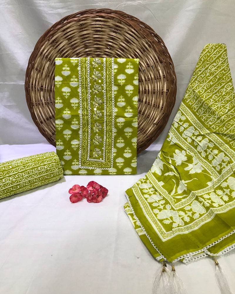 JAIPURI PRINTED COTTON NECK WORK SUITS WITH MULMUL DUPATTA (GOTAYS137)
